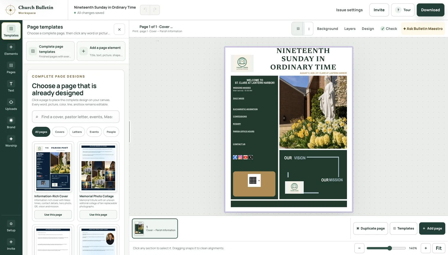 Actual Church Bulletin Software editor with a complete parish bulletin cover on the canvas and editable page designs in the template drawer