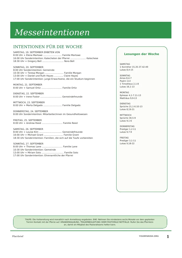Intentions, Readings and Sacramental Notes