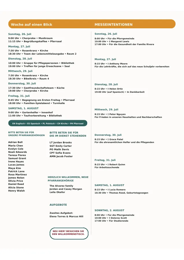 Weekly Schedule, Prayers & Intentions