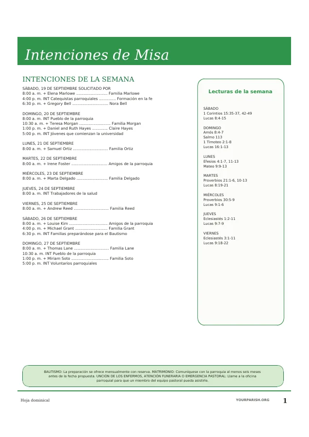 Intentions, Readings and Sacramental Notes