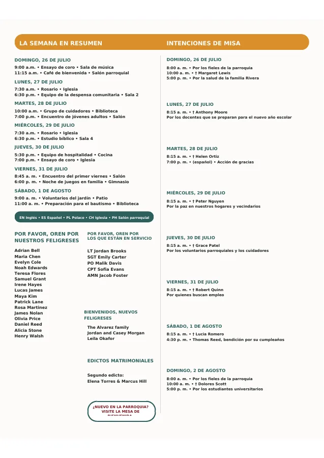 Weekly Schedule, Prayers & Intentions