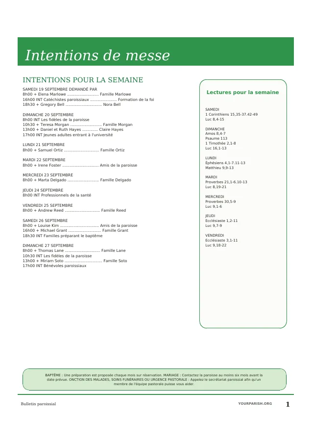 Intentions, Readings and Sacramental Notes