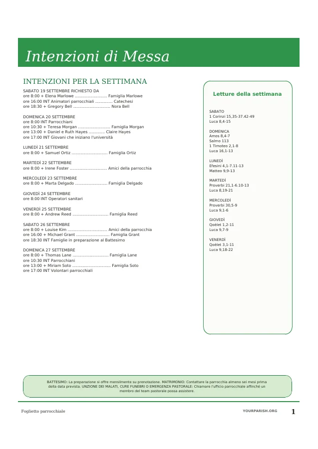 Intentions, Readings and Sacramental Notes