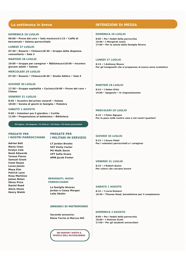 Weekly Schedule, Prayers & Intentions