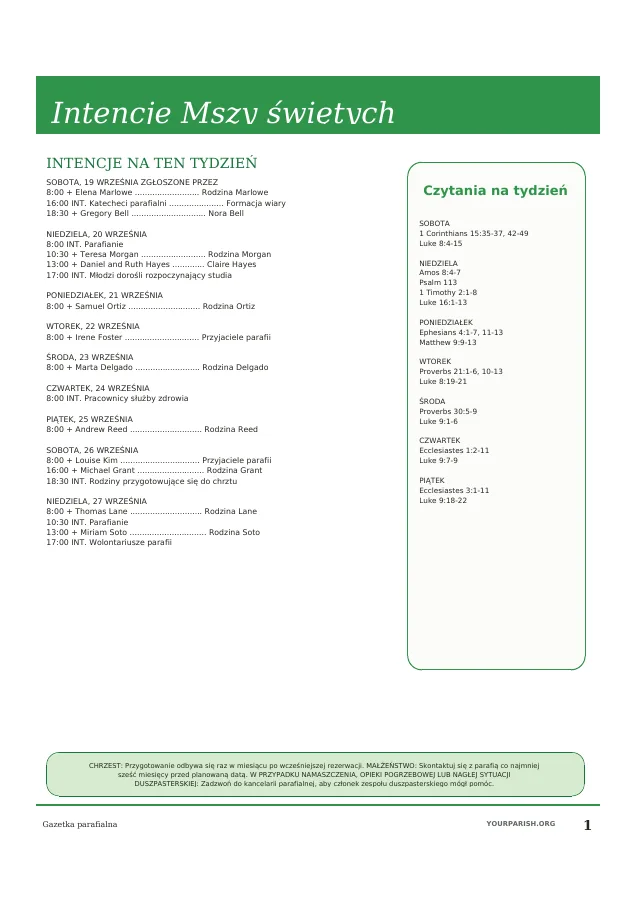 Intentions, Readings and Sacramental Notes