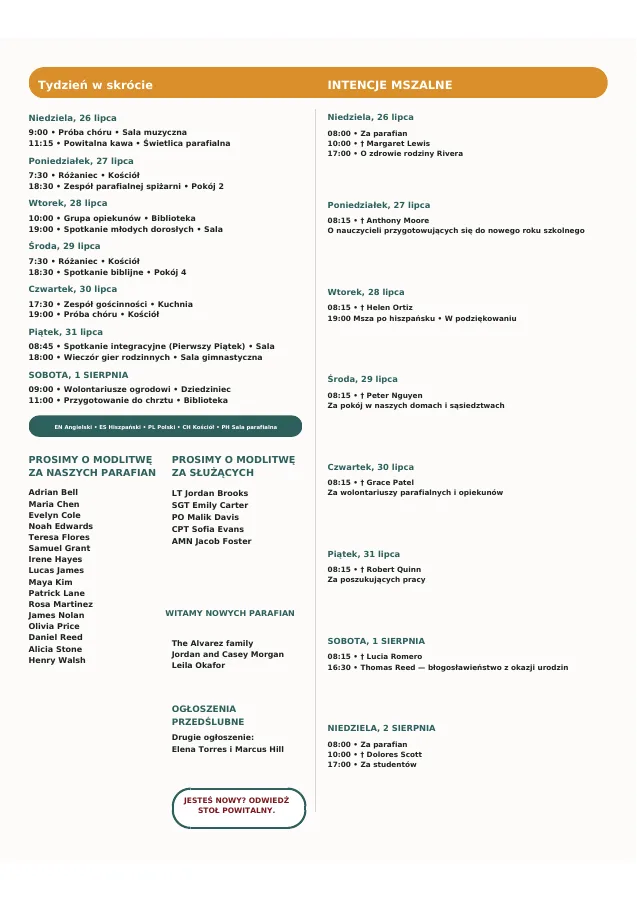 Weekly Schedule, Prayers & Intentions