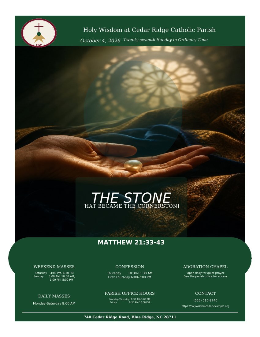 First page of the fictional Holy Wisdom at Cedar Ridge Catholic Parish bulletin.