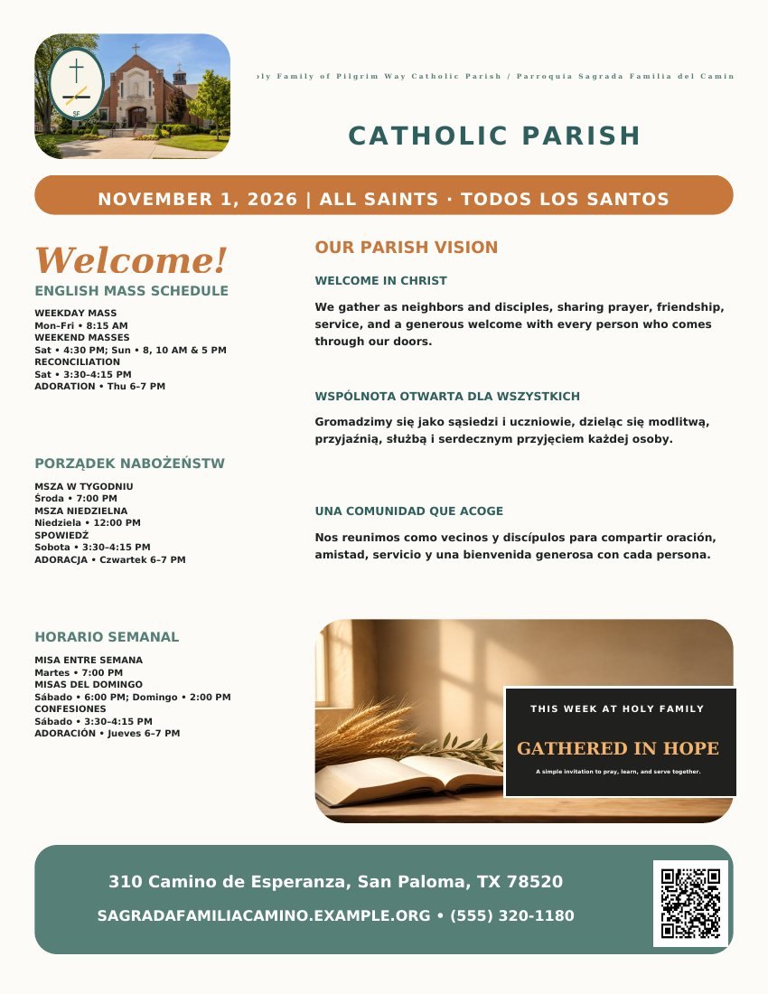 Page 1 of Holy Family of Pilgrim Way / Sagrada Familia del Camino: Bilingual schedule and vision cover