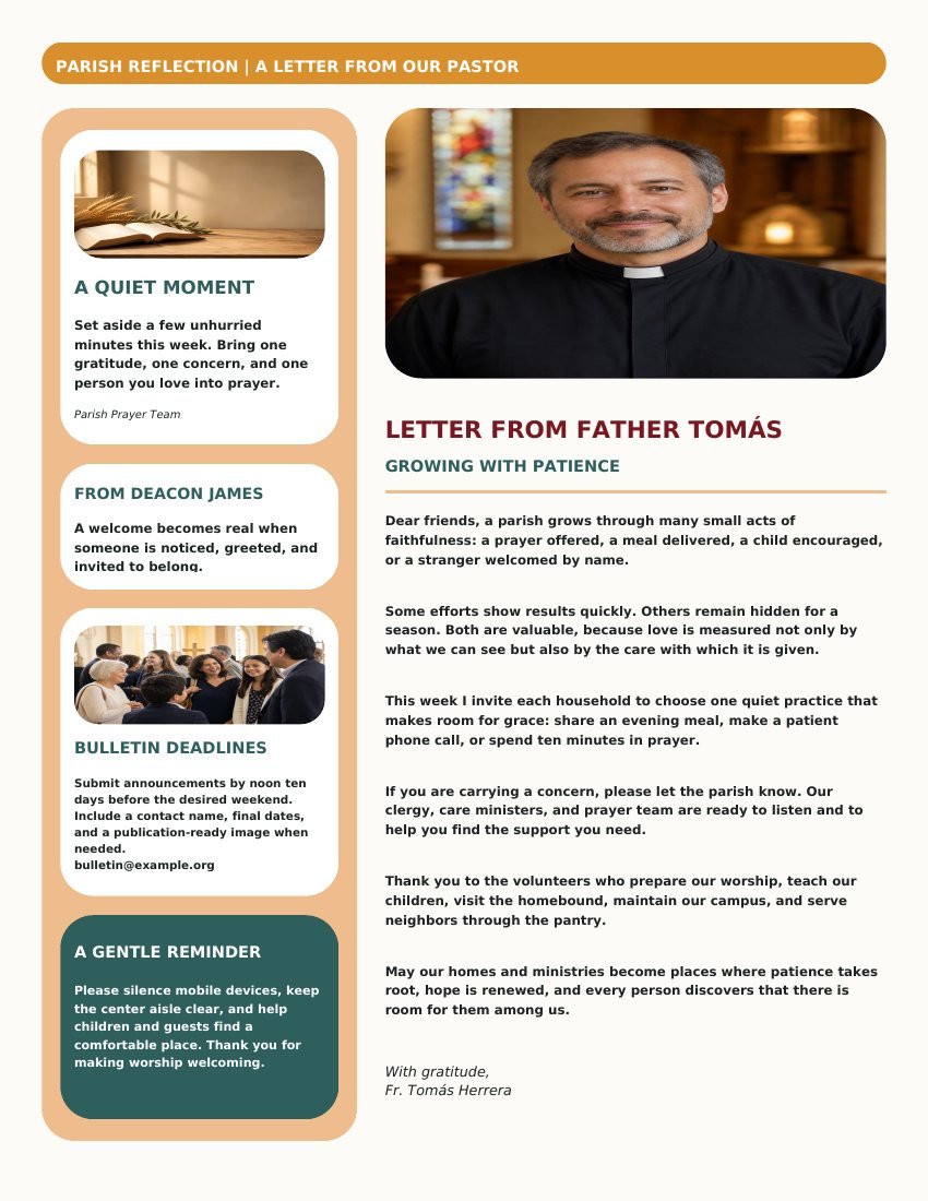 Page 4 of Holy Family of Pilgrim Way / Sagrada Familia del Camino: Pastor letter with sidebar cards
