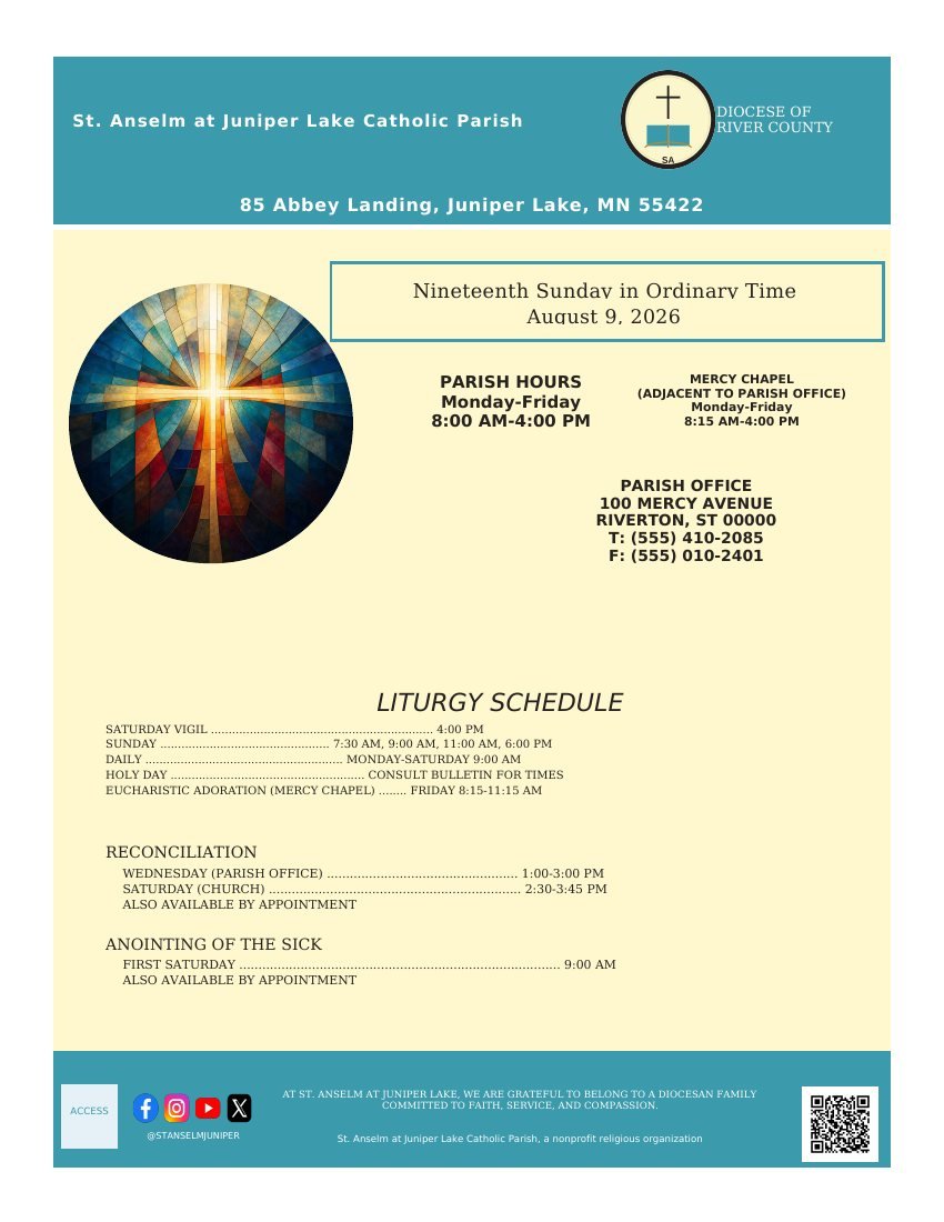 Page 1 of St. Anselm at Juniper Lake Catholic Parish: Heritage parish schedule cover