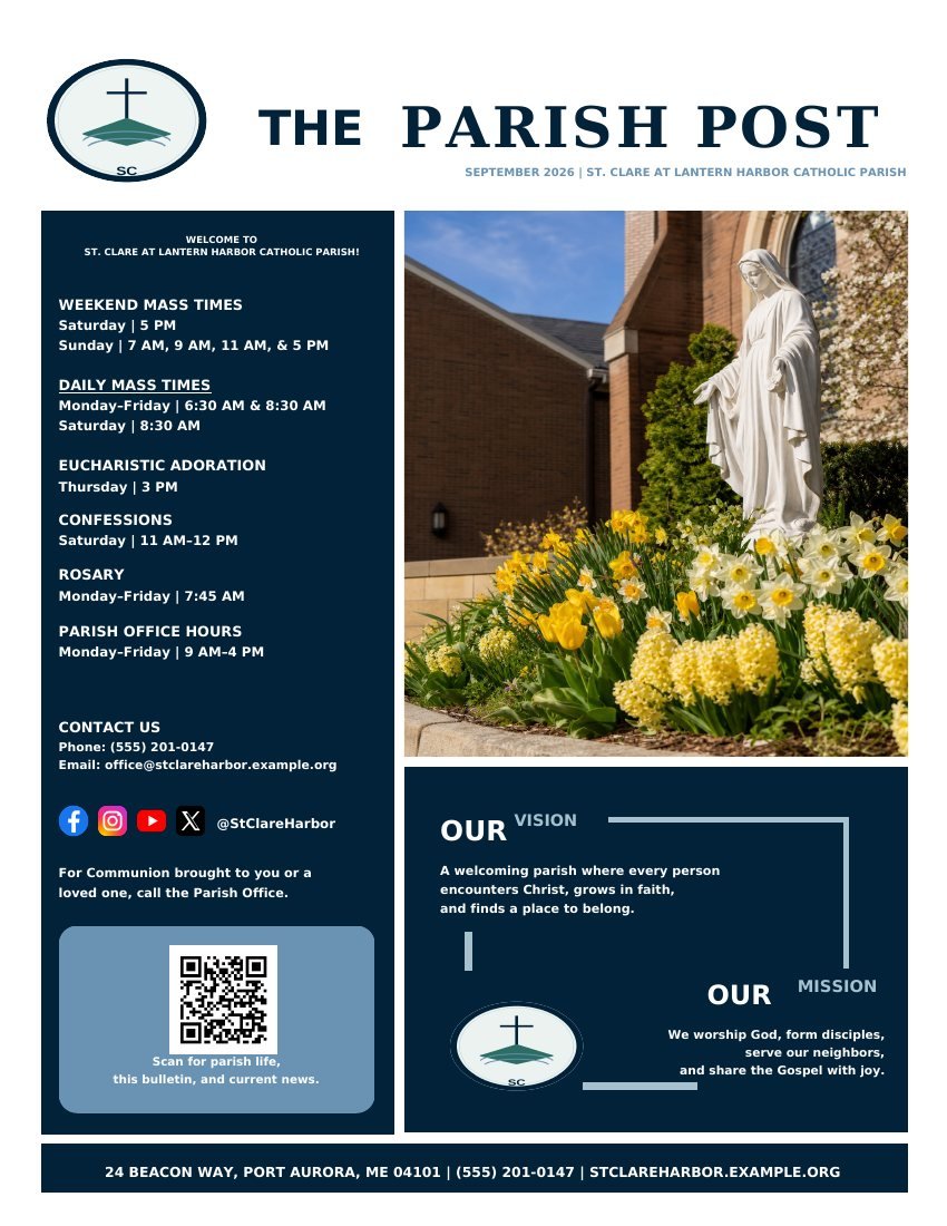First page of the fictional St. Clare at Lantern Harbor Catholic Parish bulletin.